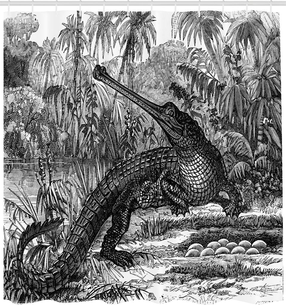 ABAKUHAUS Jahrgang Duschvorhang, Krokodil Illustration am Teich mit Eiern in einer Tropischen Umgebung Mit Palmen, Stoffliches Gewebe Badezimmerdek...