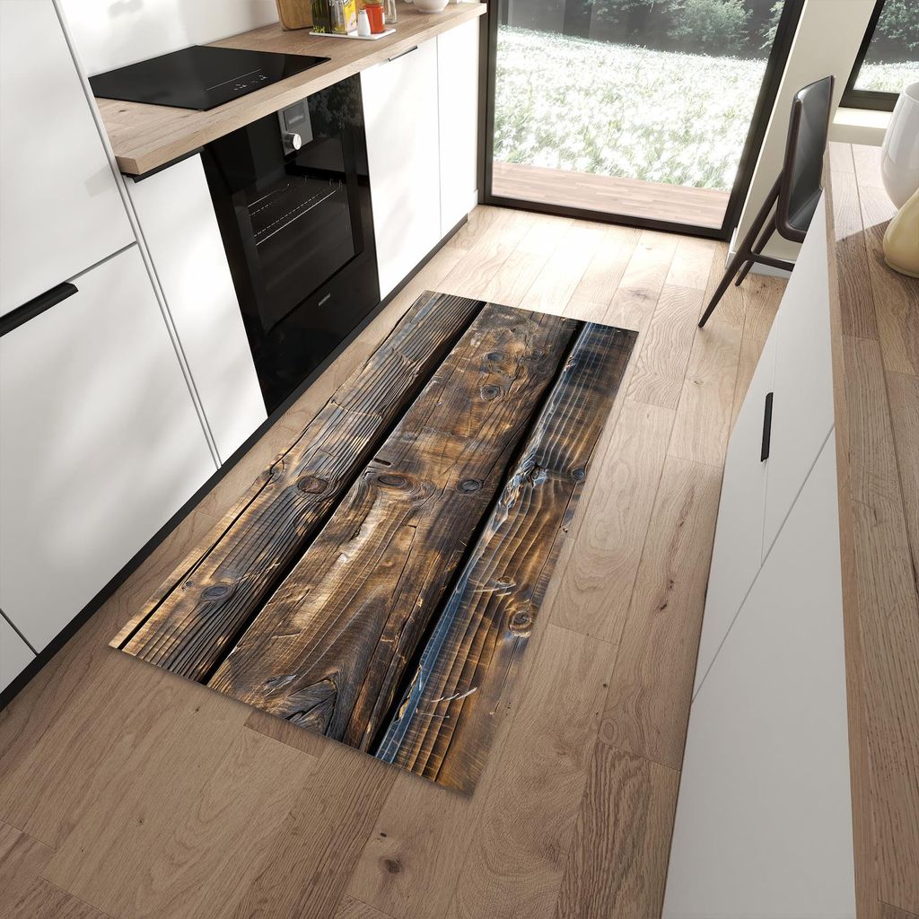 Küchenteppich 90x180cm rutschfest & abwischbar PVC Läufer - Alte Holzbohlen