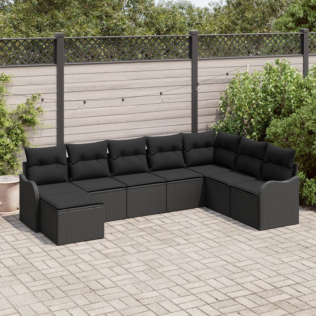 8-teiliges Garten Sofa Set mit Kissen Schwarz Poly Rattan, Gartensofas DesignMöbel Neu
