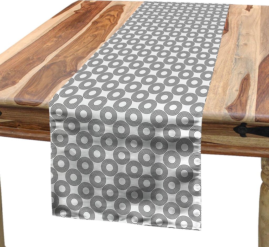 ABAKUHAUS Geometrischer Kreis Tischläufer, Vinyl-Schallplatten inspirierten konzentrische Ringe mit Kurvengitter-Grafik-Druck, 40 x 225 cm, Schwar...