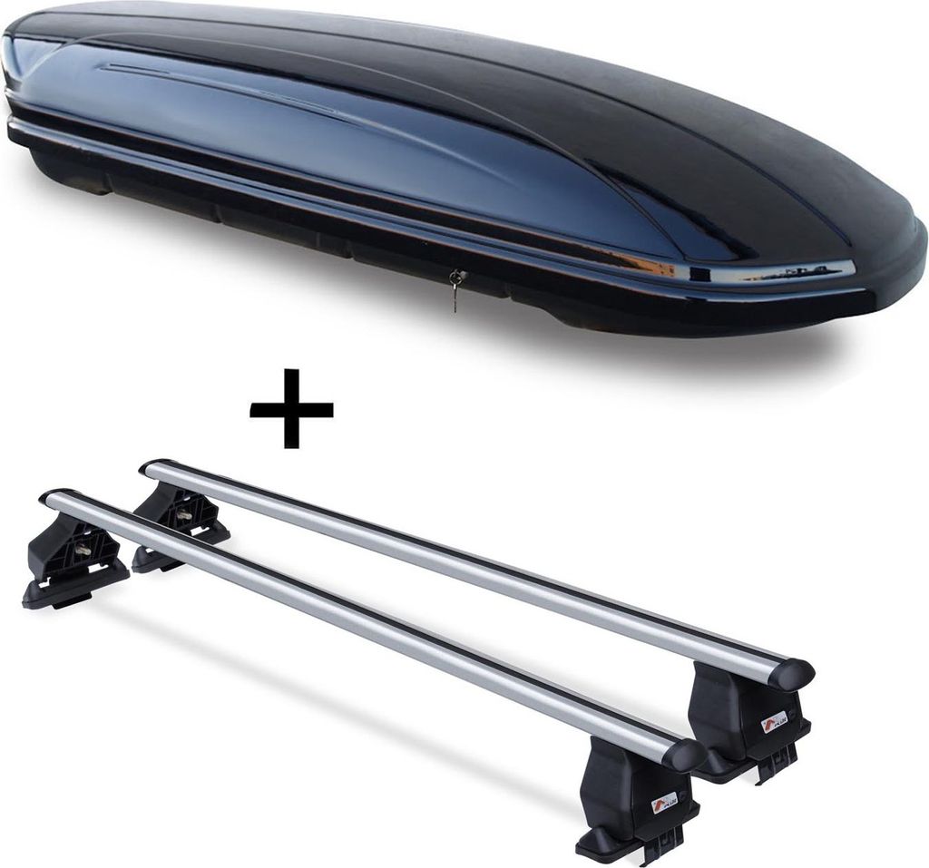 Dachbox VDPMAA460 460Ltr schwarz glänzend abschließbar + Dachträger Menabo TEMA kompatibel mit für Jaguar XF (Limousine 4 Türer) ab 2015 Alumi...