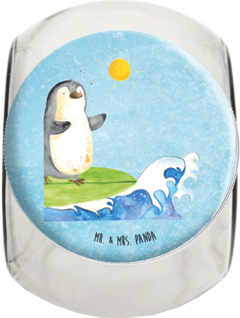 Mr. & Mrs. Panda Süßigkeiten Glas Pinguin Surfer XL 2000ml - Eisblau - Geschenk, Urlaub, Frischhaltedose, Optimistisch, Lebensmittelbehälter, Mo...