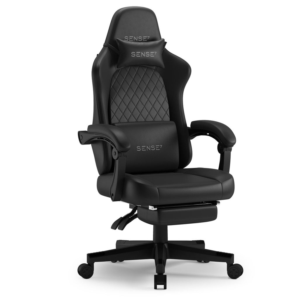 SENSE7 Devon Gaming Stuhl Kunstleder Schwarz - Ergonomischer Bürostuhl mit Fußstütze PC Schreibtischstuhl Zockerstuhl Leder 120 kg