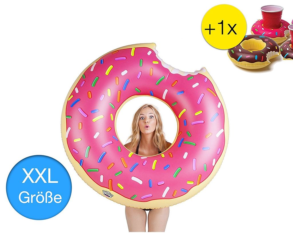 XXL Aufblasbarer angebissener Donut Schwimmring Schwimmreif 1x Getränkehalter 