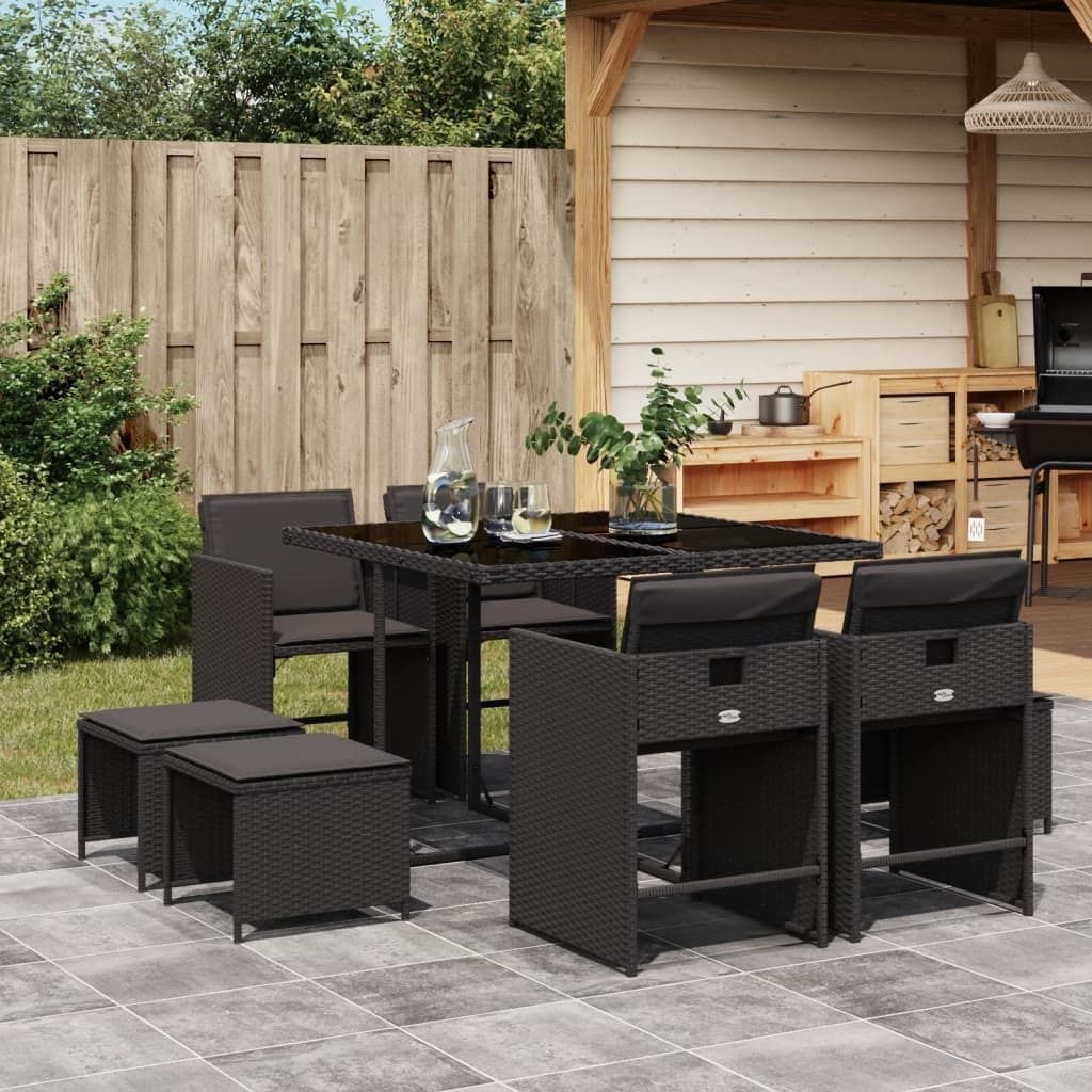 Maison Exclusive - 9-tlg. Garten-Essgruppe mit Kissen Schwarz Poly Rattan
