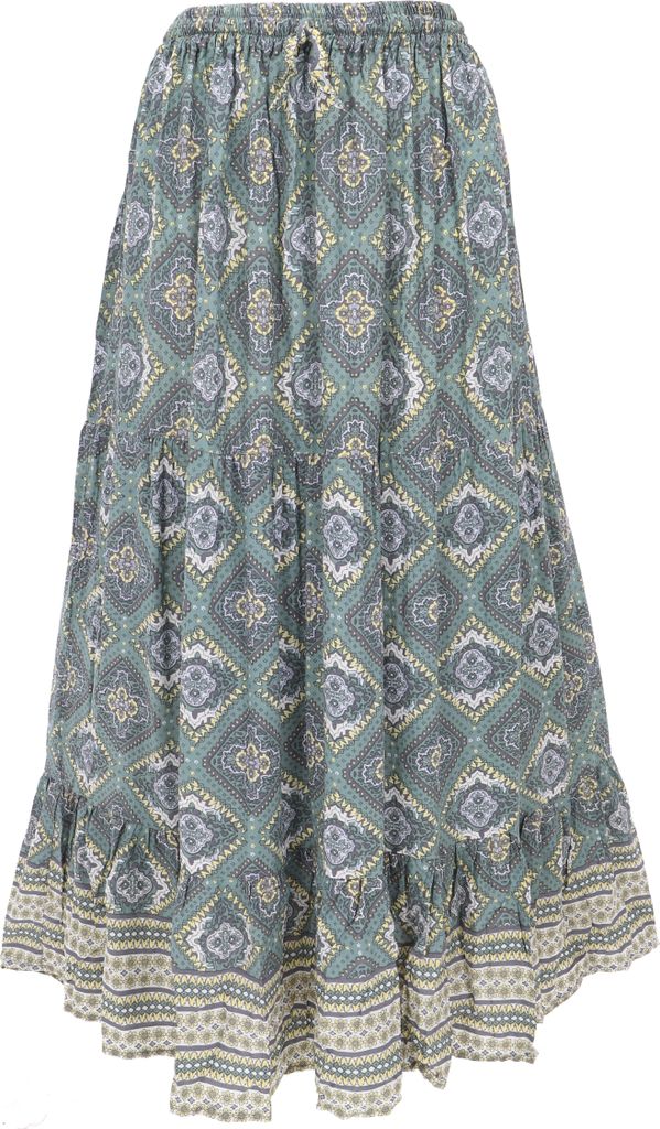 Maxirock Batik, Langer Sommerrock, Farbenfroher Stufenrock - Salbei, Damen, Grün, Viskose, Röcke