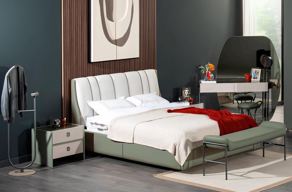 Komplettes Schlafzimmer-Set Designer Textilbett 2x Nachttische Bank