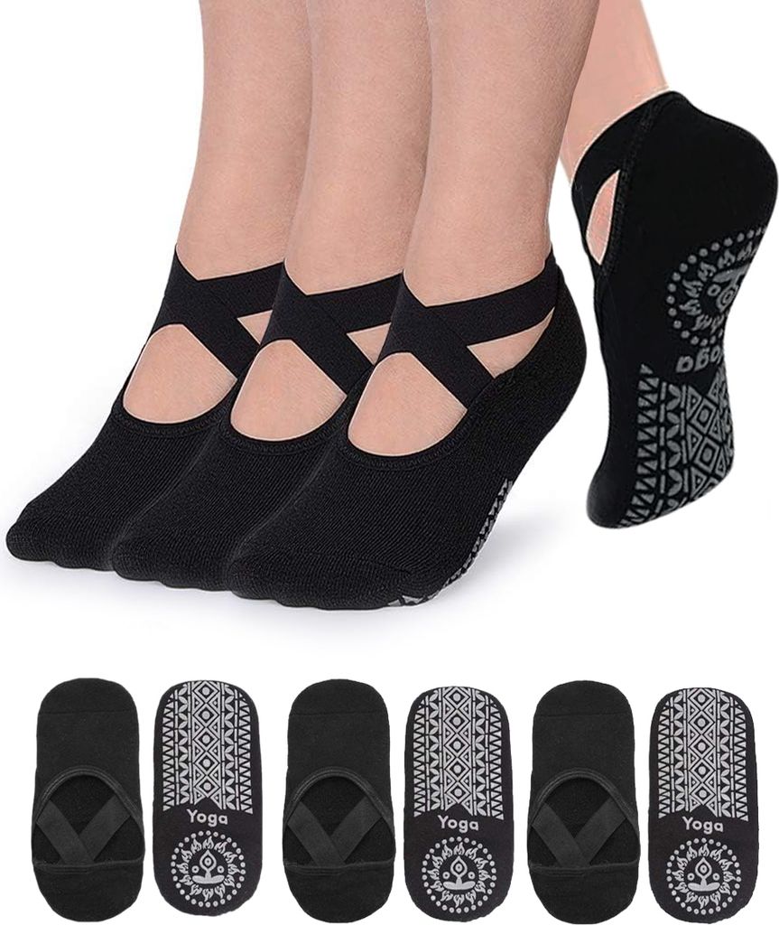 3 Paar schwarze Yoga Socken Damen – Rutschfeste Antirutsch-Sportsocken mit Kreuzband für Yoga & Pilates, (EU 35–42), A0576
