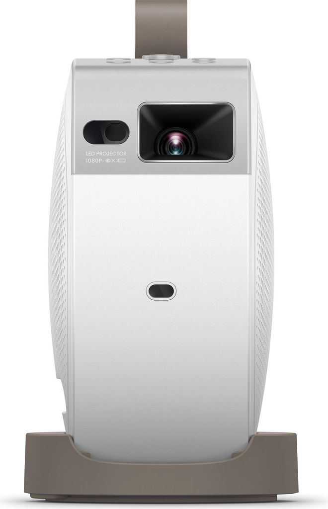 A front view of a white and gray projector on a gray stand.