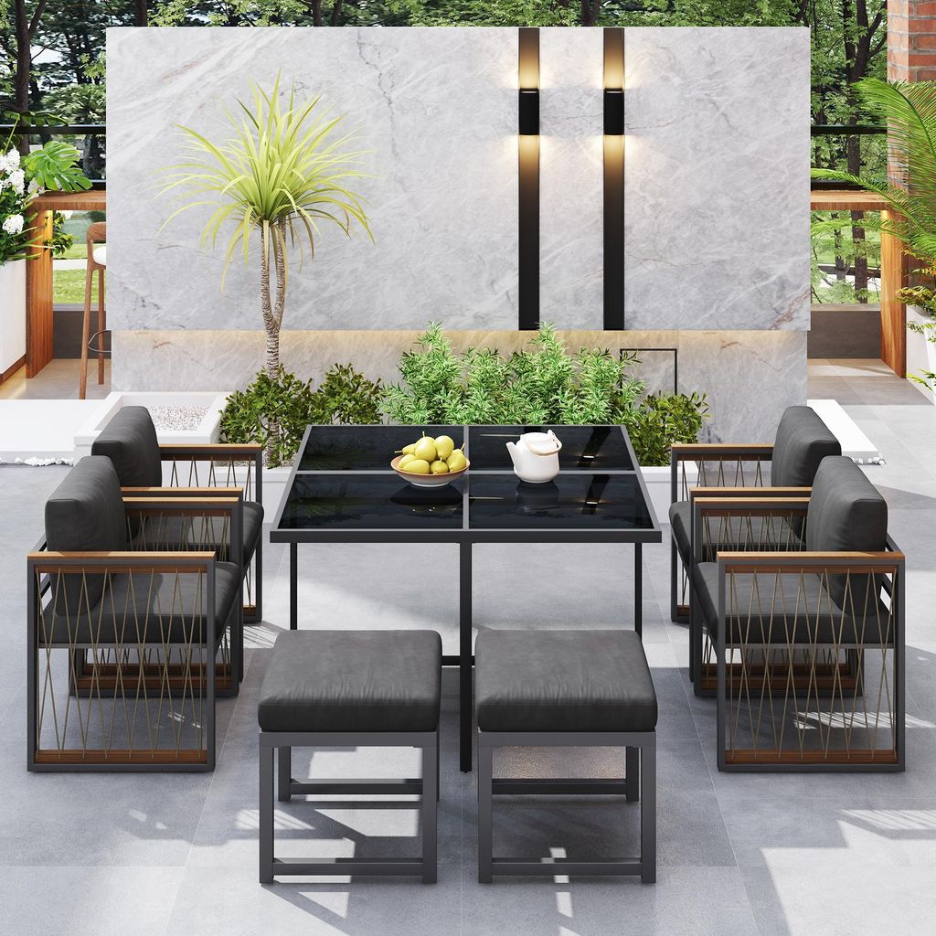 Flieks Rattan Gartenlounge-Set 6 Sitzer, Gartenmöbelset Balkonmöbelset 7-tlg., Terassenmöbel Gartenstuhl mit Hocker und Gartentisch, Schwarz