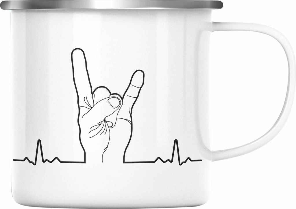 Trendation - Heavy Metal Geschenk Männer Lustig Emaille Tasse Herzschlag Rock Death Metal Geschenkidee Musik (Silber)