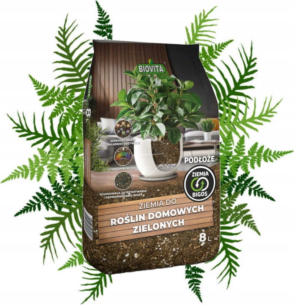 A bag of soil for houseplants surrounded by ferns.