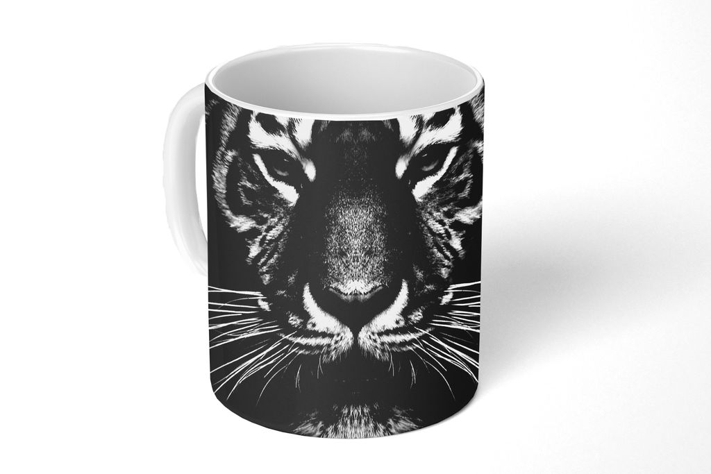 KitchenYeah Tasse Kaffeetasse Kaffeebecher 350 ml Tiger - Tiere - Schwarz - Weiß - Porträt - Wild Teetasse - Fototasse - Becher - Keramikbecher...