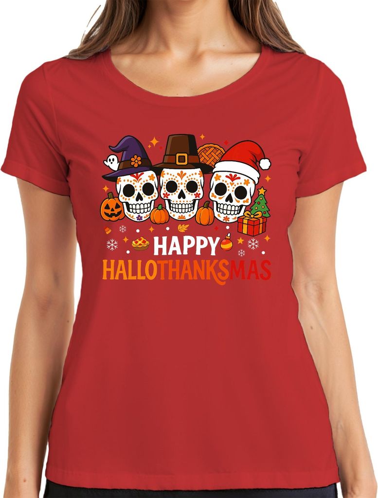 Happy Hallothanksmas Totenköpfe Dia de los Muertos Halloween Damen T-Shirt, Rot, XXL