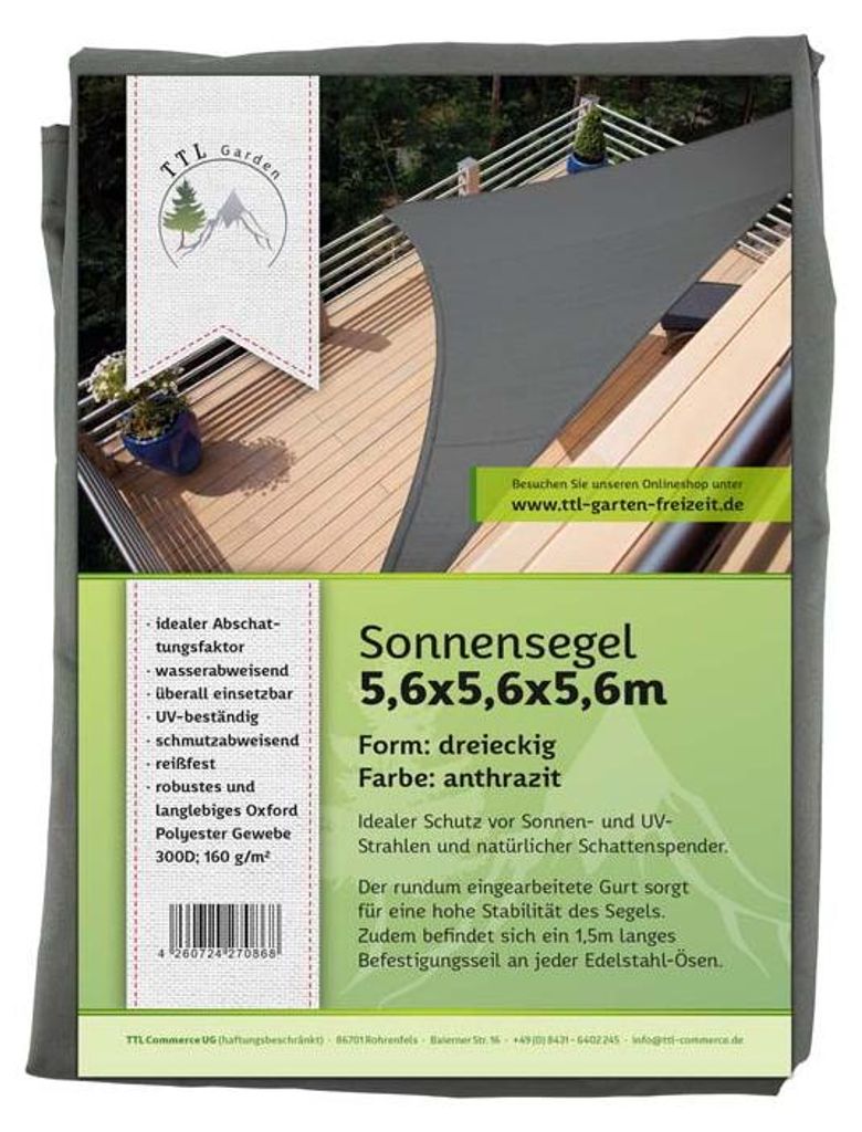 TTL GARDEN Sonnensegel Dreieck 5,6x5,6x5,6m anthrazit Produktbild 