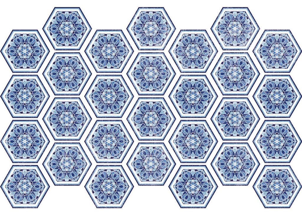 Selbstklebende Fliesenaufkleber für Küche und Bad – blau getönte sechseckige Zementfliesen in Holzoptik – 28 sechseckige Aufkleber, 10 x 9 cm