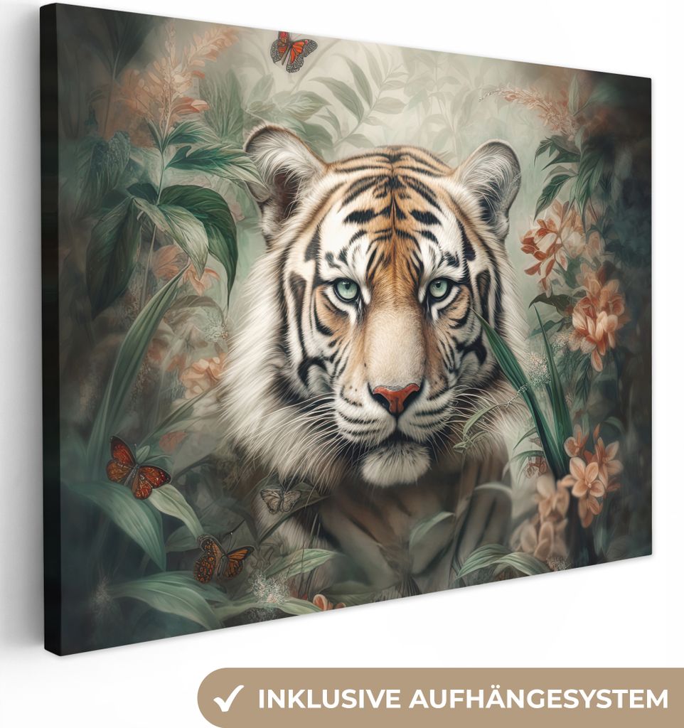 MuchoWow - Leinwandbilder - Tiger - Schmetterlinge - Tiere - Dschungel - Blumen, Wandbild, Wanddeko Bilder Wohnzimmer, 120x90 cm