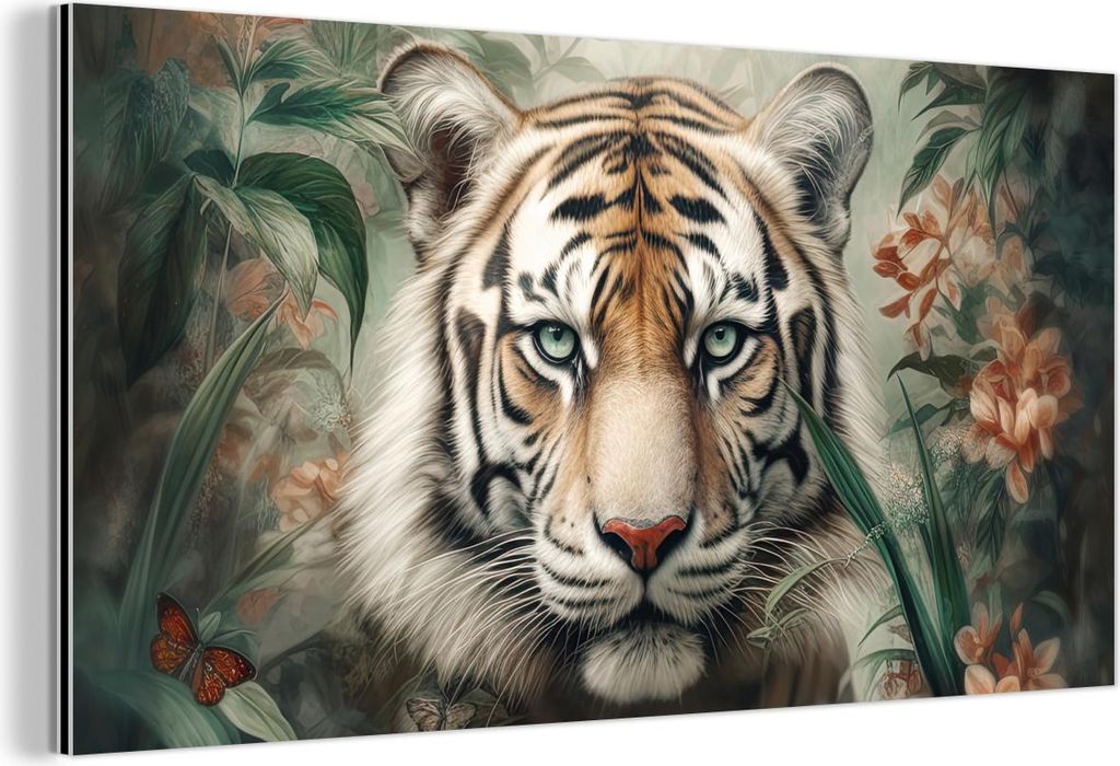 MuchoWow Wanddekoration Metall Metallbild Wandkunst 120x60 cm Tiger - Schmetterlinge - Tiere - Dschungel - Blumen MuchoWow Aluminium Gemälde - Met...