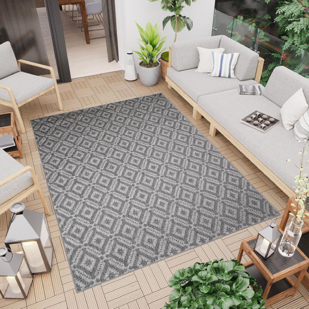 Teppich Outdoor Indoor Dunkelgrau Gitter Flachgewebe Sisaloptik Balkon Terrasse 80 x 150 cm