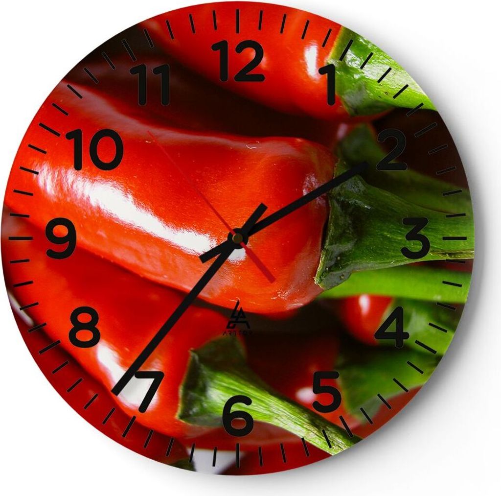 Wanduhr - Rund - Glasuhr - Gemüse würzig Chili - 30x30cm - Schleichendes Uhrwerk - Lautlos - zum Aufhängen bereit - Dekoration Modern - Wanddeko...