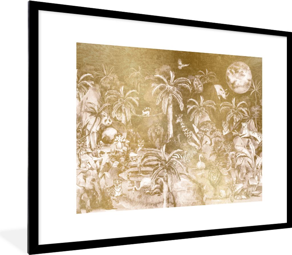 MuchoWow Gerahmtes Poster Dschungel - Gold - Kinder - Pflanzen - Tiere 80x60 cm - Poster mit Schwarzem Bilderrahmen Wandposter Rahmen Foto Bilder...