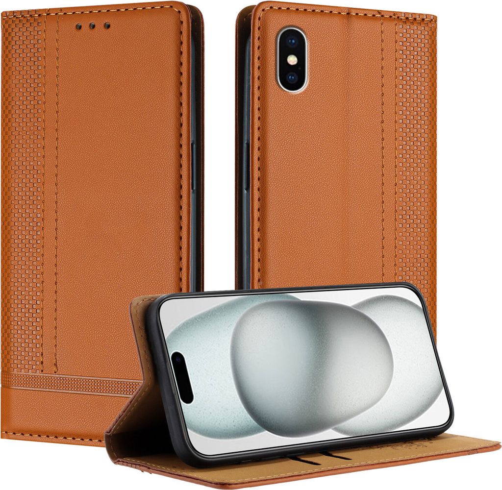Handyhülle für iPhone XS /iPhone X Leder Flip Klappbare Schutzhülle mit Standfunktion Braun