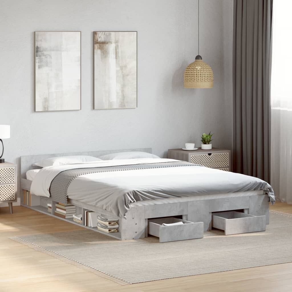 "2026 Aktion"Bettgestell - CLORIS - Doppelbett - Robust und langlebig - mit Schubladen Betongrau 140x190 cm - Einfache Montage - Holzwerkstoff - N...
