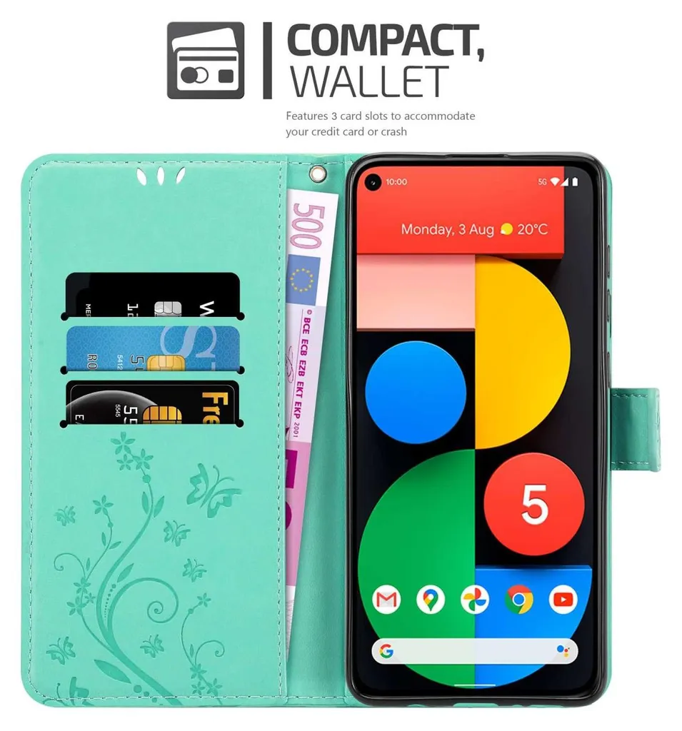 Cadorabo cover per Google PIXEL 5 in TURCHESE FLOREALE Cover protettiva in design floreale con chiusura magnetica, funzione stand e slot per carte di credito Flip Case Flower Cover Etui Handy Klapp Hülle Book Tasche - 2