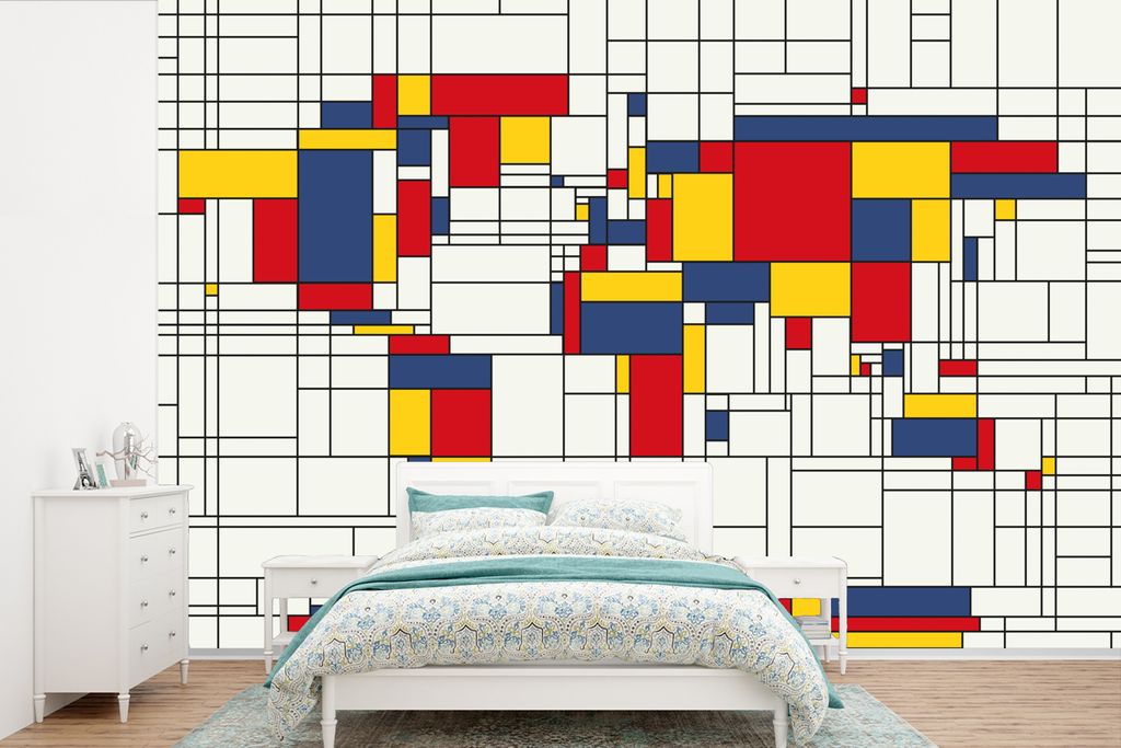 MuchoWow Fototapete für Wohnzimmer oder Schlafzimmer Wandtapete Vinyl Motivtapete Weltkarte - Mondrian - Farben - Kinder - Junge - Mädchen - Ki...