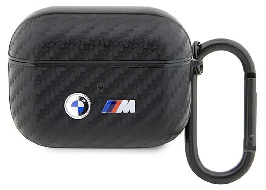 A black carbon fiber textured AirPods Pro case with BMW and M logos, and a carabiner clip.