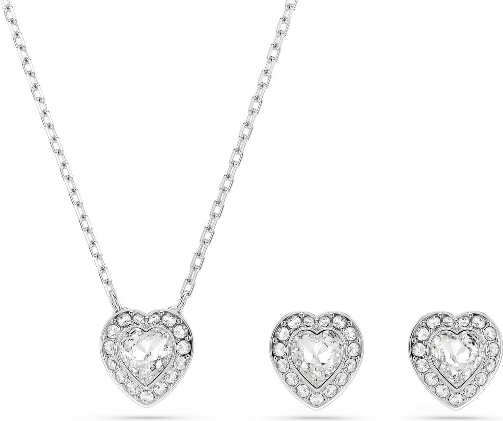 A necklace and a pair of earrings with heart-shaped pendants.