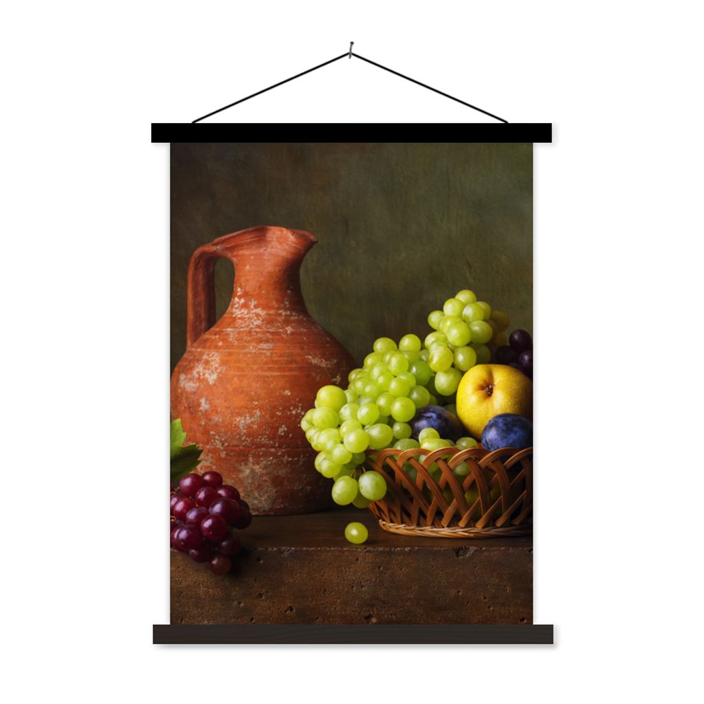 MuchoWow Textilposter Rustikal - Obst - Korb - Stilleben 90x120 cm mit schwarzem Rahmen - Dekoration