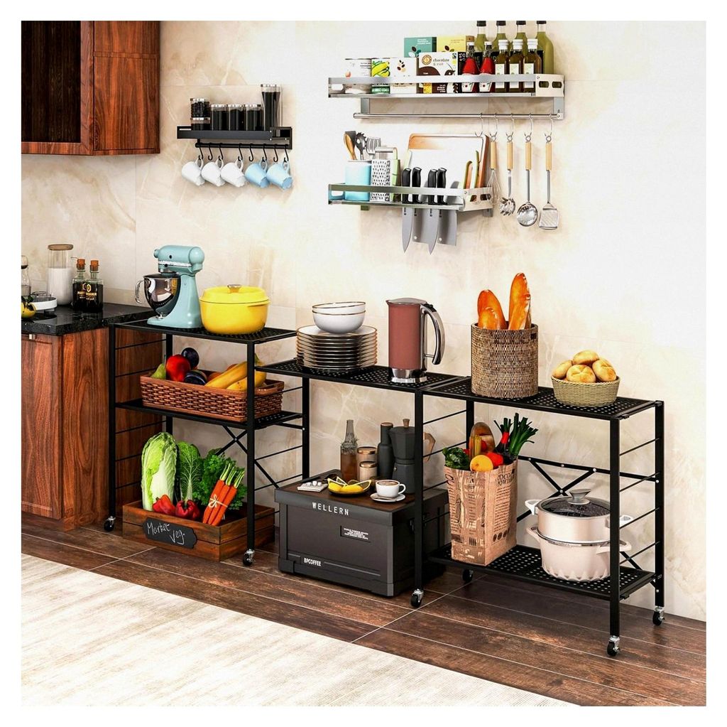 3-in-1 klappbares Regal, höhenverstellbares Küchenregal mit 8 Rollen, freistehendes Metallregal, 5 Etagen Klappregal, Aufbewahrungslösung für K...