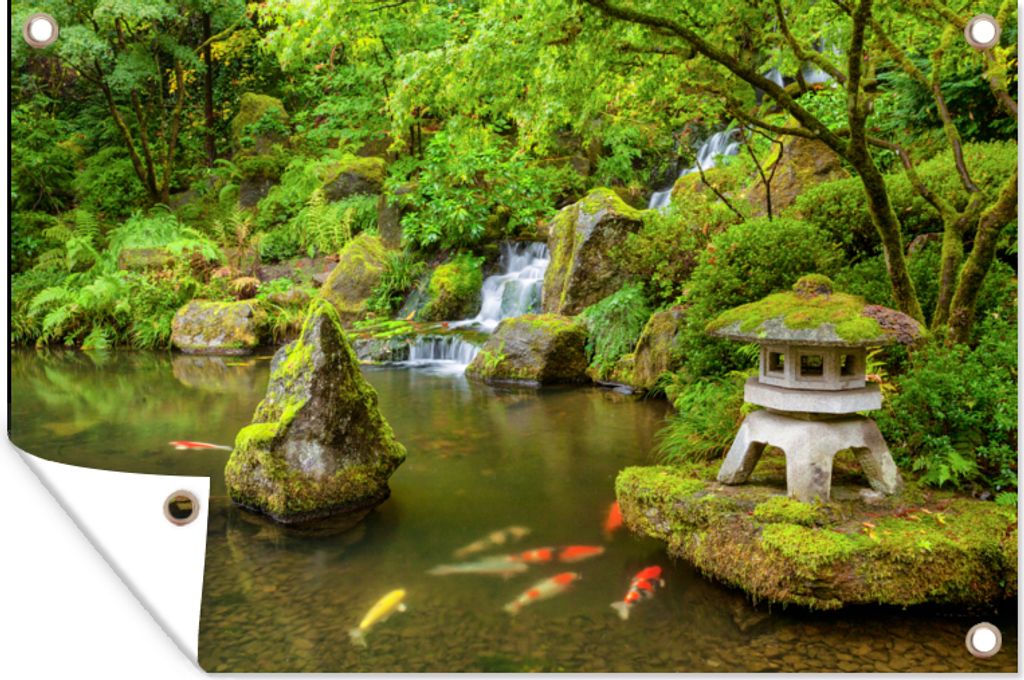 MuchoWow 120x80 cm Outdoor-Poster Gartendeko Sichtschutz Garten Poster für den Garten Wasserfall - Koi - Japanische Laterne - Moos - Wasser