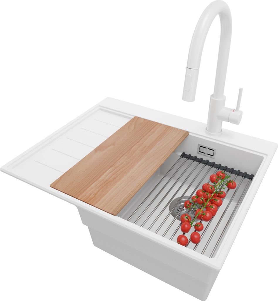 PRIMAGRAN Granitspüle Weiß 62x50cm, Spülbecken 1 Becken + Küchenarmatur 40x20cm + Ablauf-Set + Küchenzubehörset, Küchenspüle ab 40er Unters...