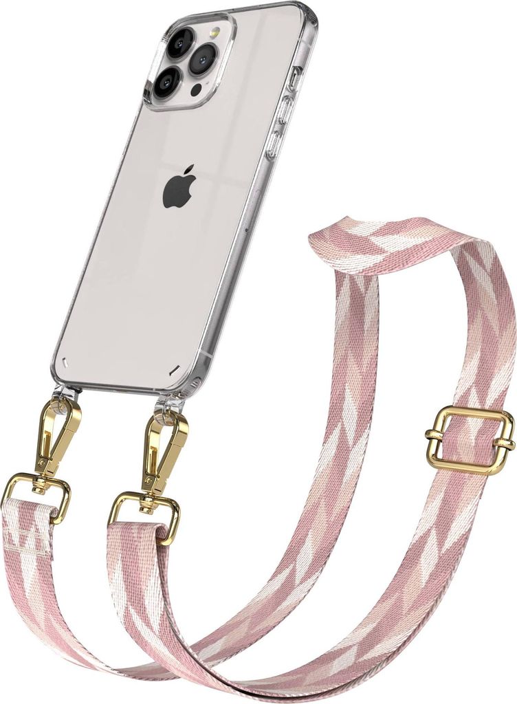 EAZY CASE Handykette - Verstellbarer Trageriemen kompatibel mit Apple iPhone 13 Pro Max, Handykordel mit transparenter Silikon-Hülle, Karabiner Go...