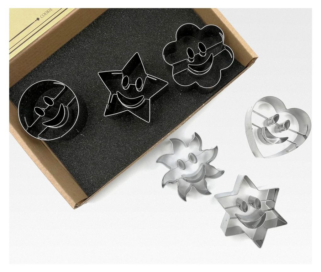 Keksausstecher Set mit Smileys - 6 Stück aus hochwertigem 430 Edelstahl - Kreis, Sonne, Blume, Hexagon, Stern und Herz