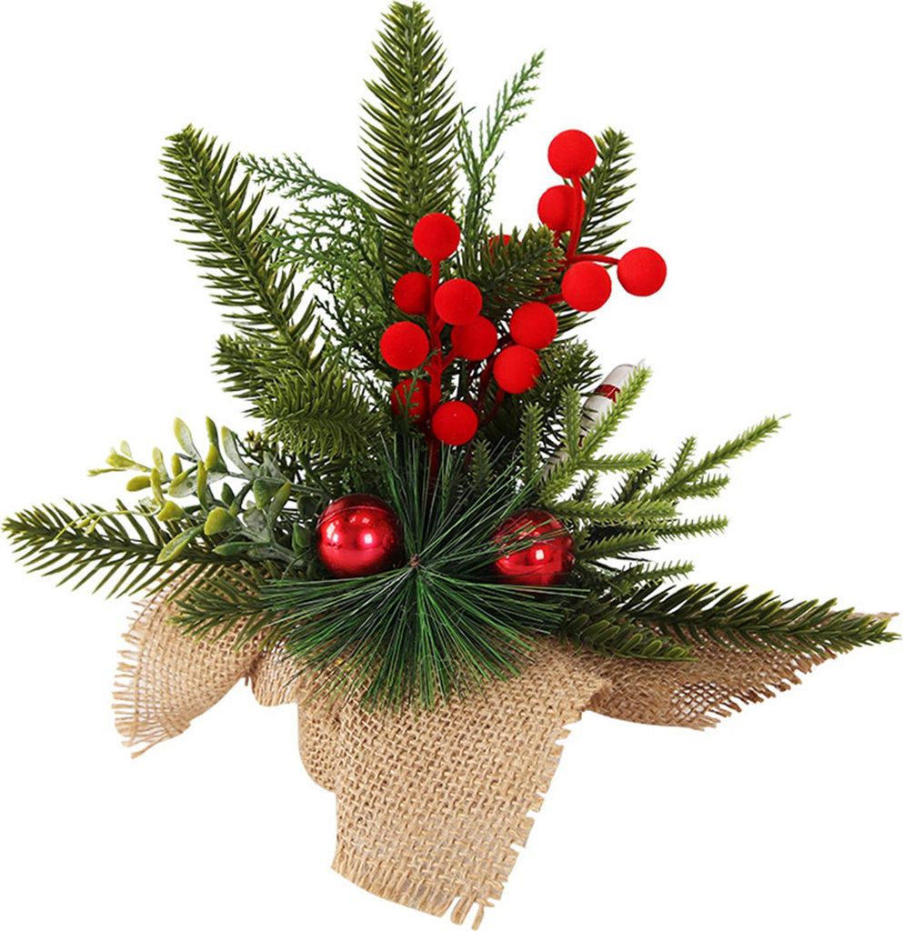 Kleine künstliche Weihnachtspflanzen mit Jute-Sockel, künstliche Kiefernzweige mit roten Beeren/Weihnachtssternen, für die winterliche Dekoratio...