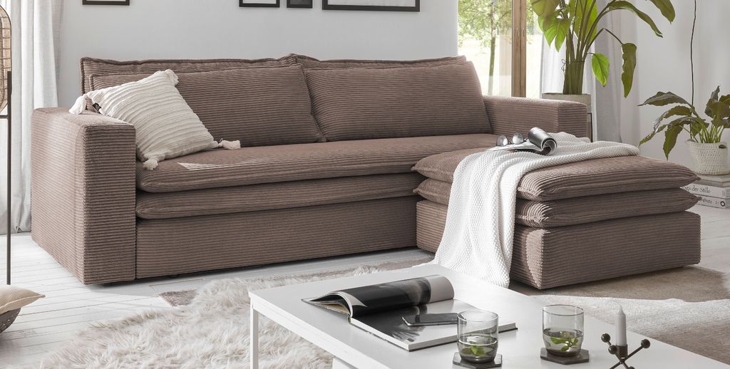 Sofa Set "Pesaro" in braun Cord Couch 3-Sitzer mit Bettfunktion inklusive Hocker