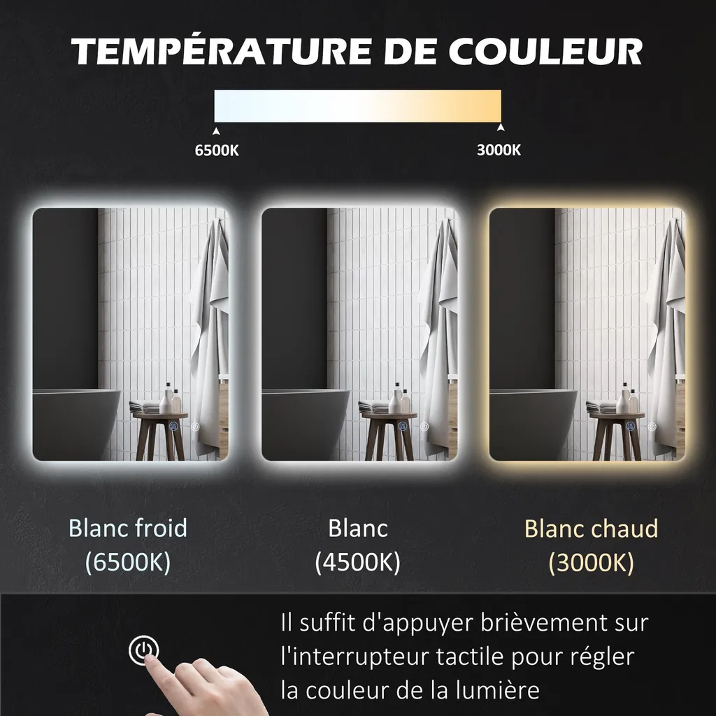 Miroir LED mural 80x60 cm à intensité variable blanc transparent - 8
