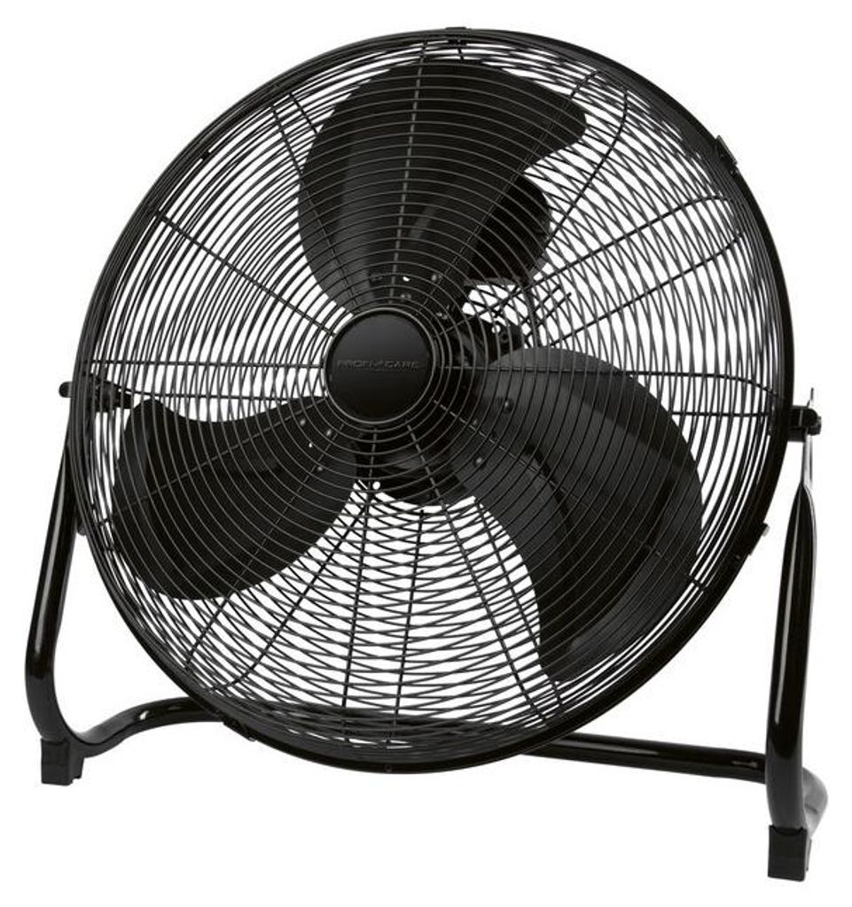 A black floor fan is shown against a white background.