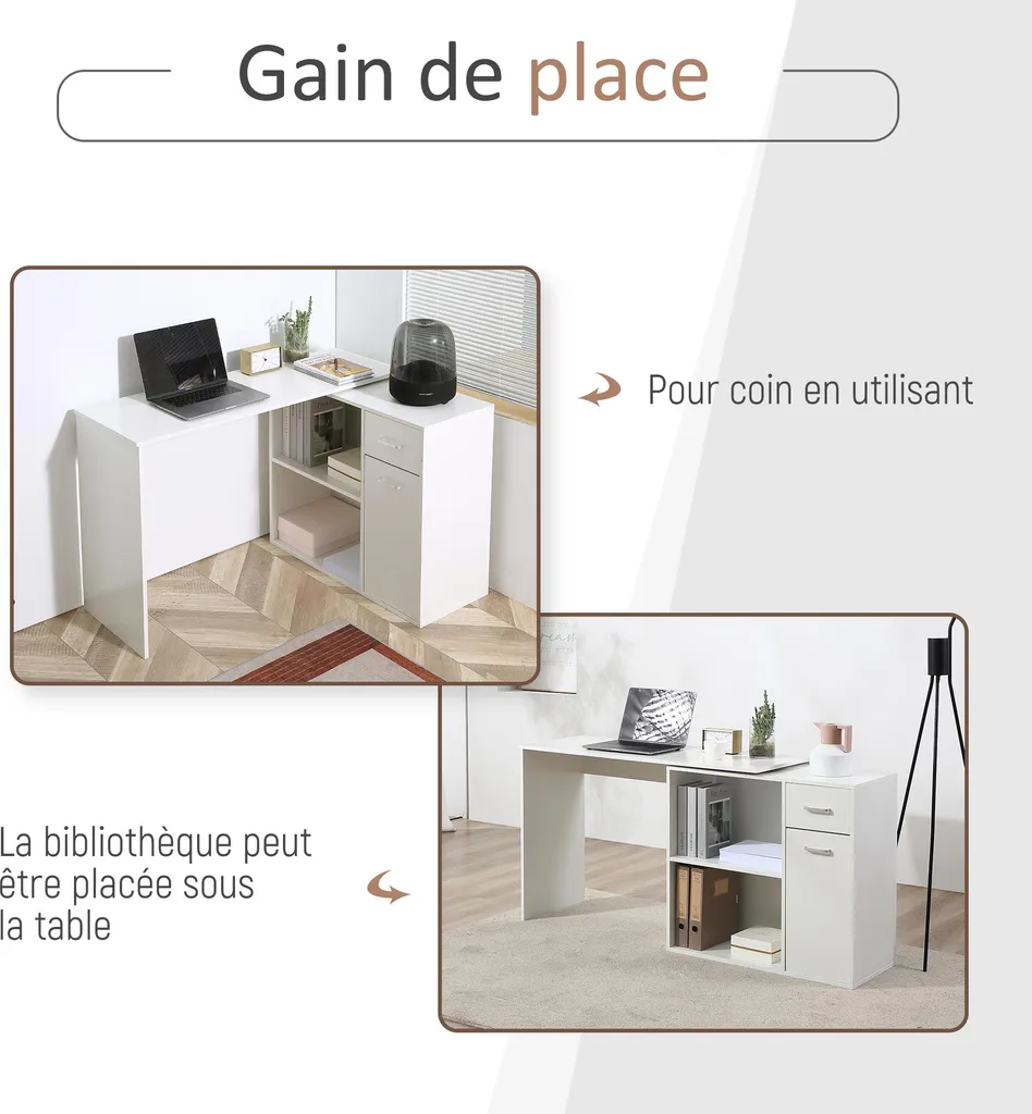 Bureau d'Angle Blanc 117 cm : Solution Gain de Place pour Rangement - 3