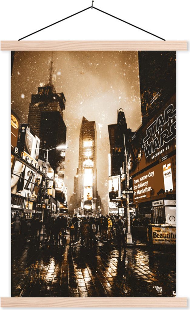 MuchoWow Textilposter Golden - Stadt - Menschen 60x90 cm mit holzfarbenen Rahmen - Textil