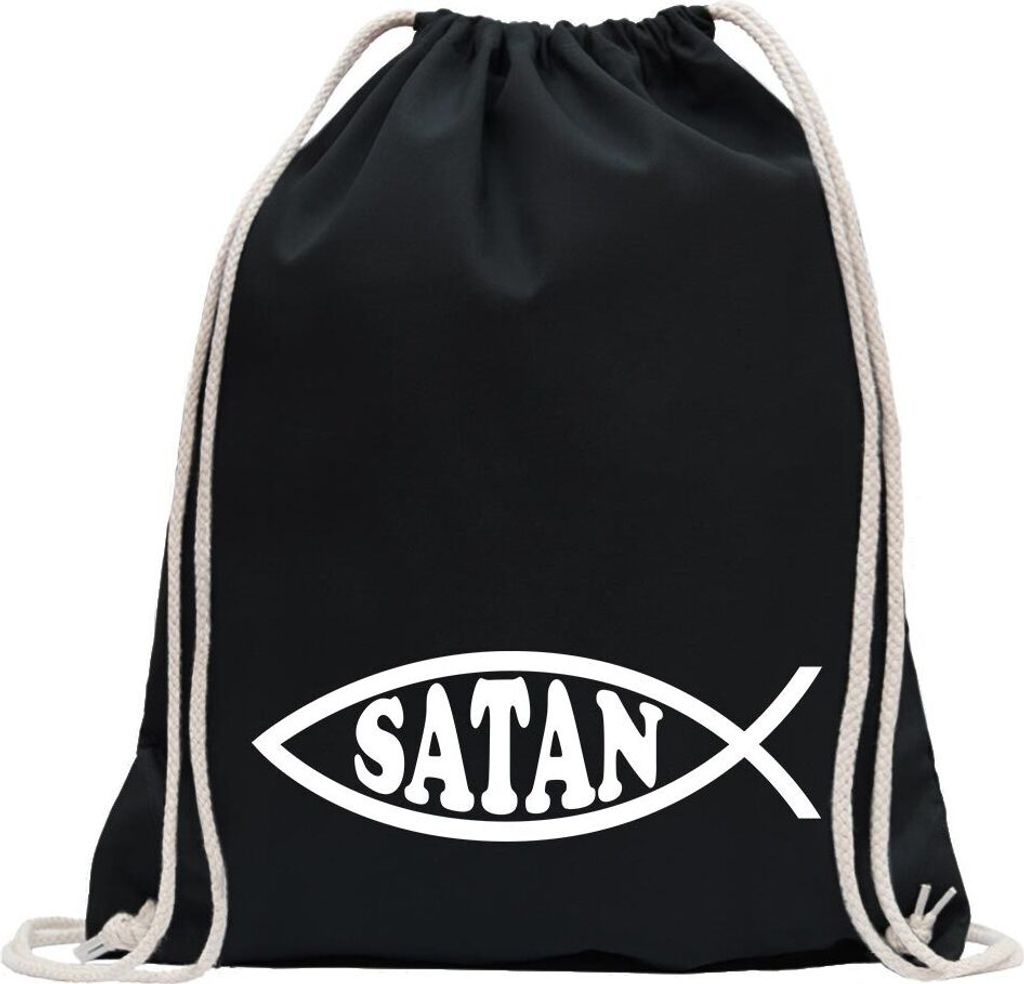 Kiwistar - Turnbeutel - schwarz - Satan Fisch - Fun Rucksack Sport Beutel Gymsack Baumwolle mit Ziehgurt
