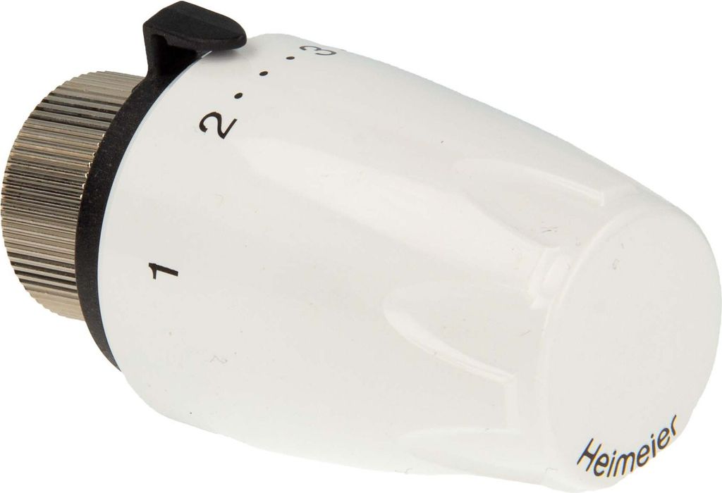 A close-up studio shot of a white thermostat head with black and silver accents, set against a plain white background.