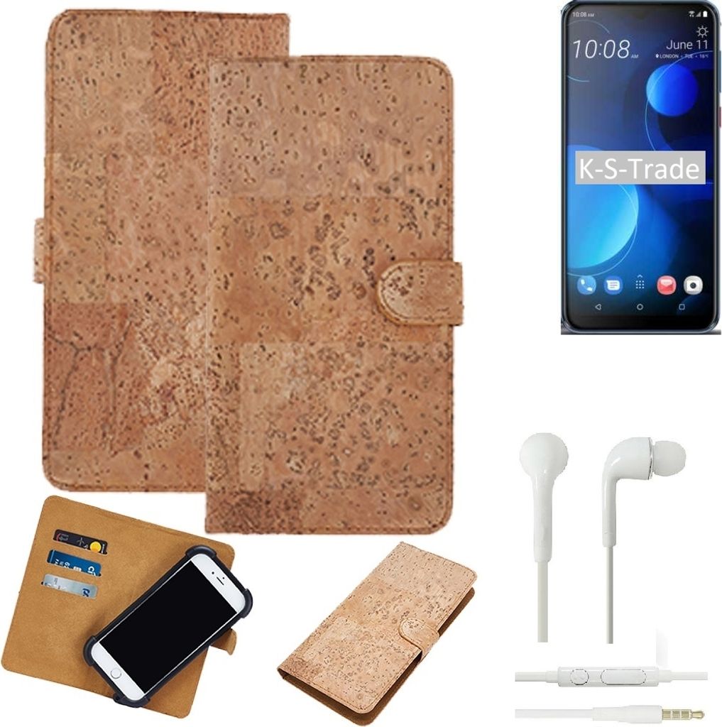 K-S-Trade Hülle kompatibel mit HTC Desire 19 Plus + in ear Kopfhörer Kork Handyhülle Cover Schutzhülle TPU Case Bumper in Hellbraun, (1x)