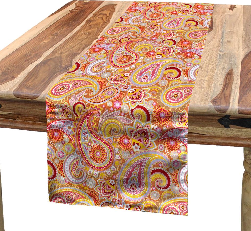 ABAKUHAUS Orange Tischläufer, Asiatisches Design-Elemente traditionelles Paisley-Blumenmuster wirbelt Blatt-ethnisches Motiv, 40 x 225 cm, Mehrfarbig