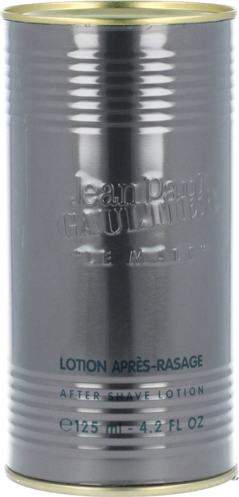 A metallic gray cylindrical can of Jean Paul Gaultier Le Male After Shave Lotion.