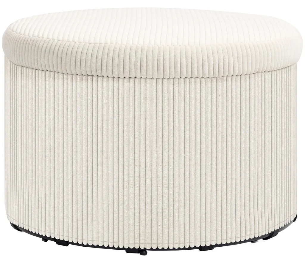 Pouf coffre rangement rond en velours côtelé beige Ø 60 cm charge 120kg