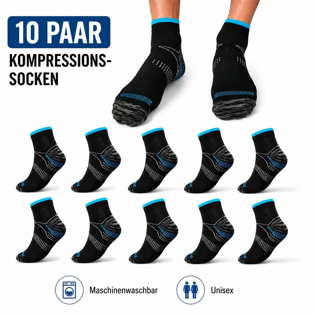 Kompressionssocken 10 Paar Sportsocken Unisex L/XL Schwarz Produktbild 